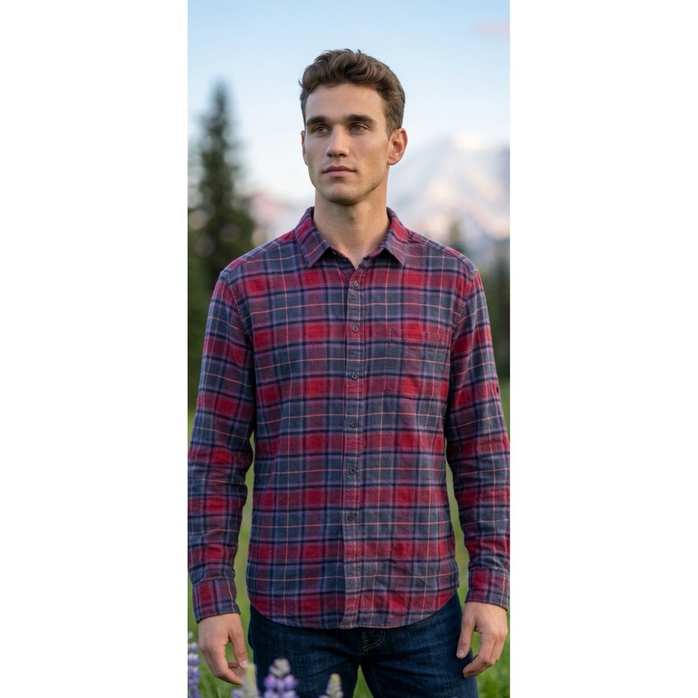 Mens Plaid Flannel Button Down Shirt Roll Tab Sleeve Burgundy Navy XL